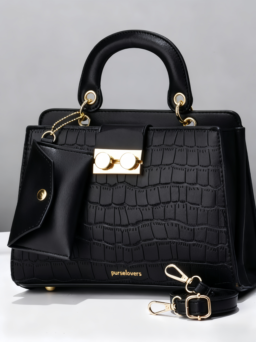 Purselovers Black and Gold Crocodile-Emboss Lock Bag