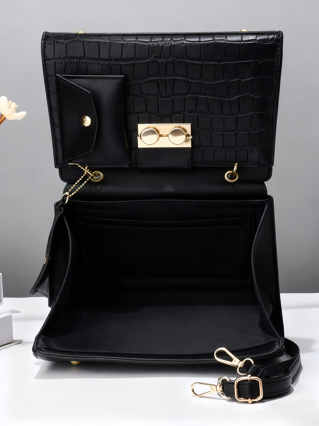 Purselovers Black and Gold Crocodile-Emboss Lock Bag