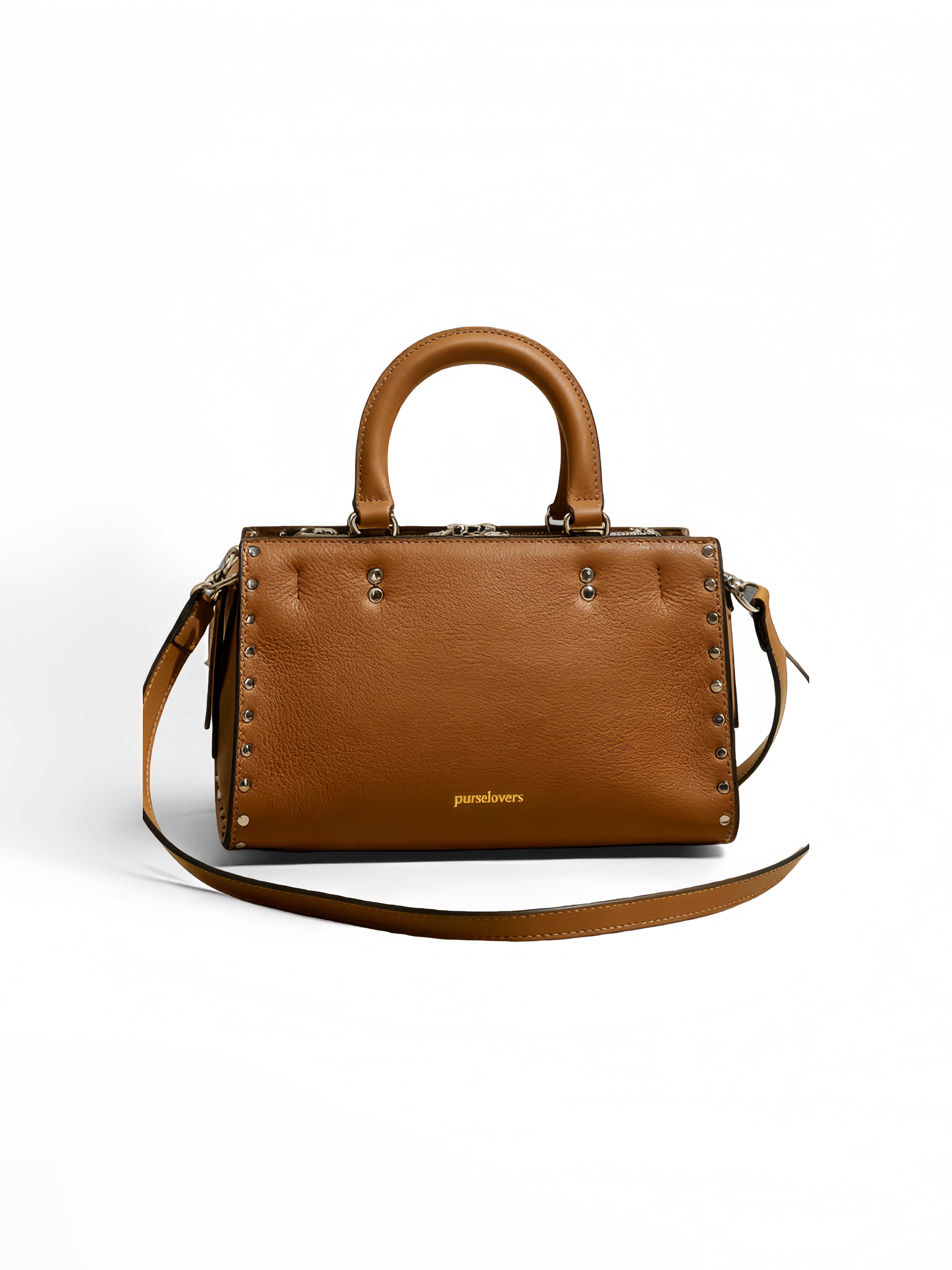 Purselovers Vintage Brown Studded Bag with Gold Label Texture