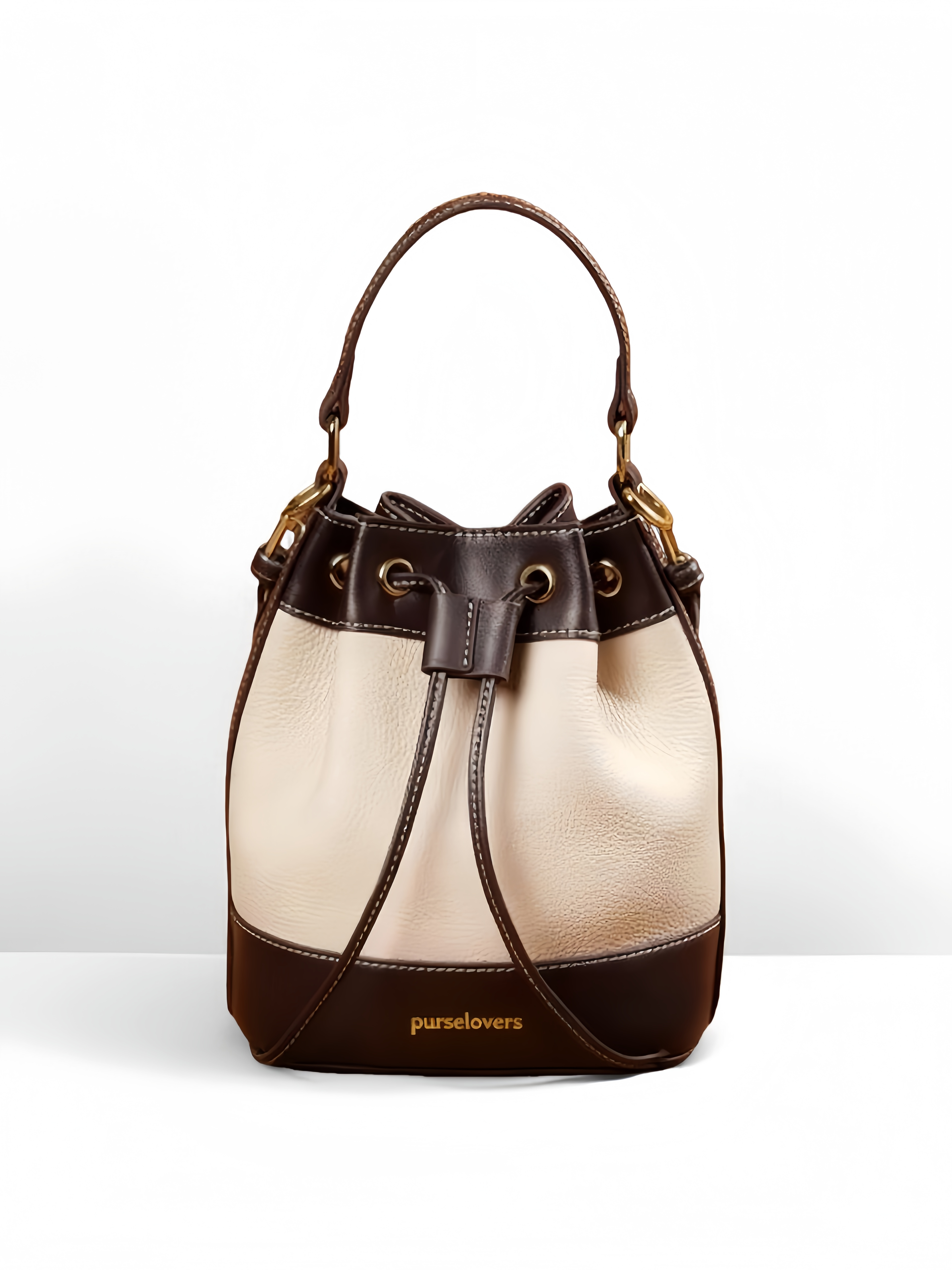 Purselovers Off-white and Dark Brown Color-Blocked Drawstring Bucket Bag