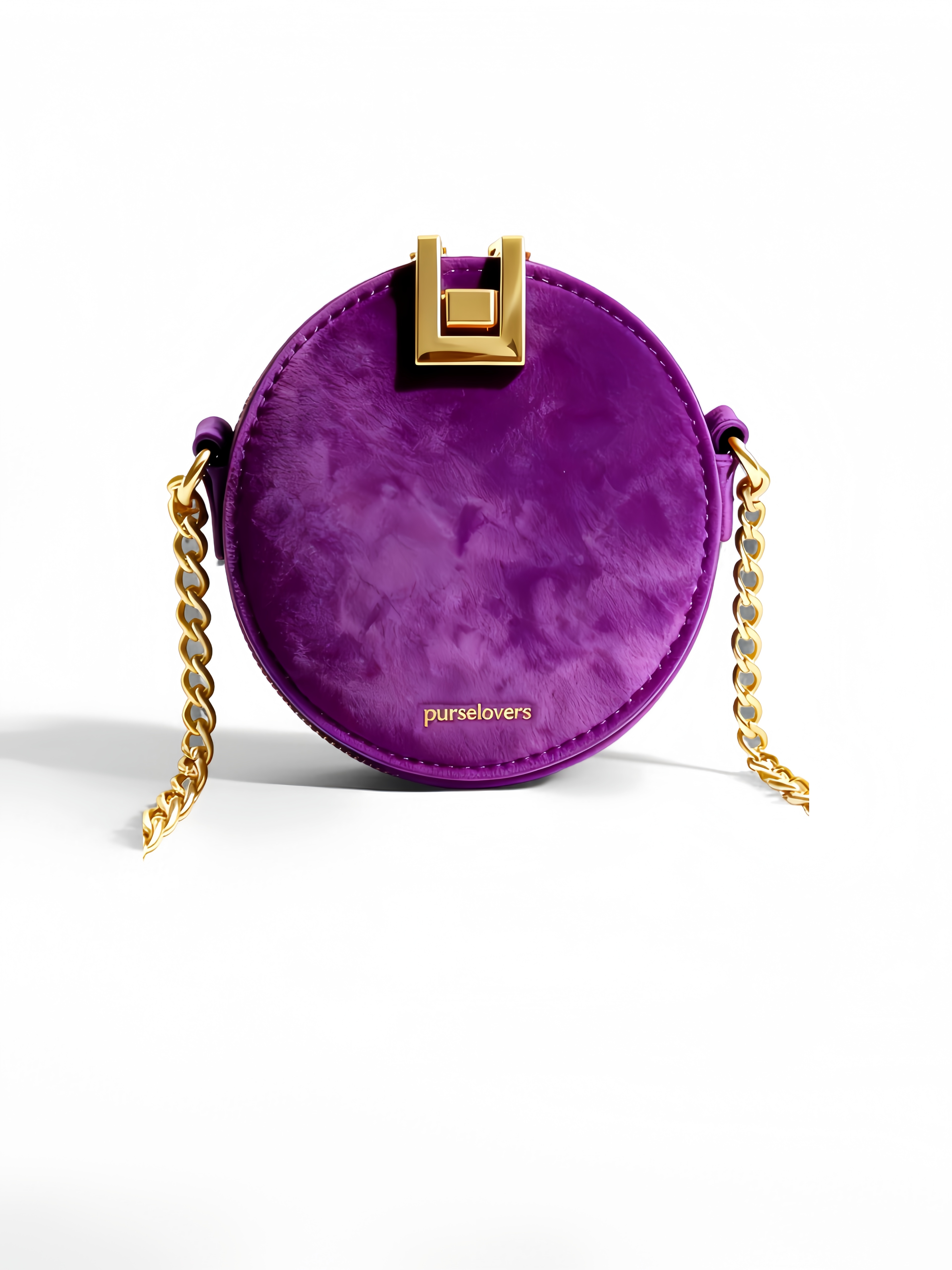Purselovers Deep Purple Velvet Round Bag with Gold Label Chain