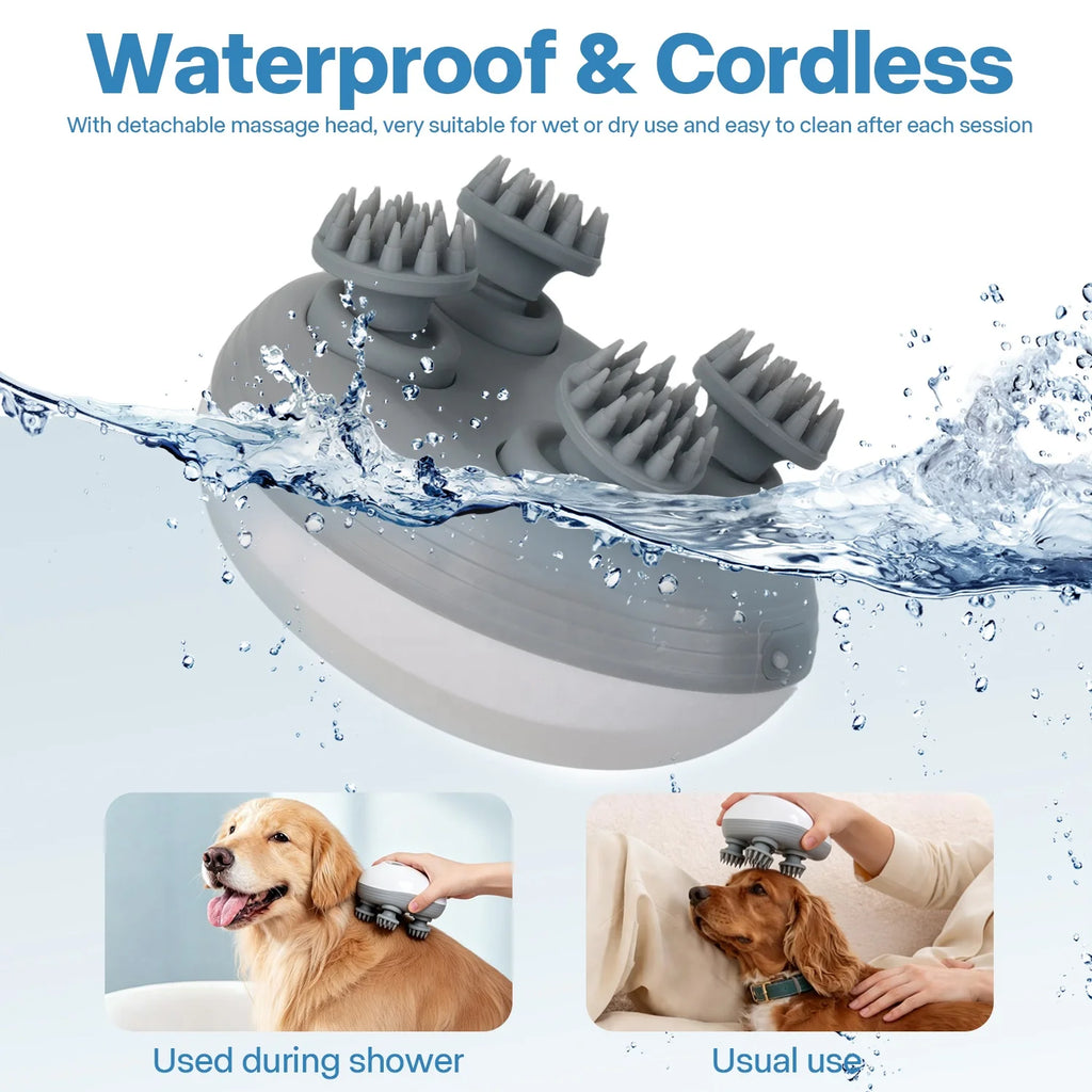 AFP Portable Handheld Pet Scalp Massager With 4 Massage Heads Stress Relief Cordless Waterproof Massage Clean Tool For Dogs Cats