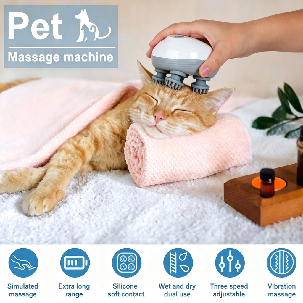 AFP Portable Handheld Pet Scalp Massager With 4 Massage Heads Stress Relief Cordless Waterproof Massage Clean Tool For Dogs Cats