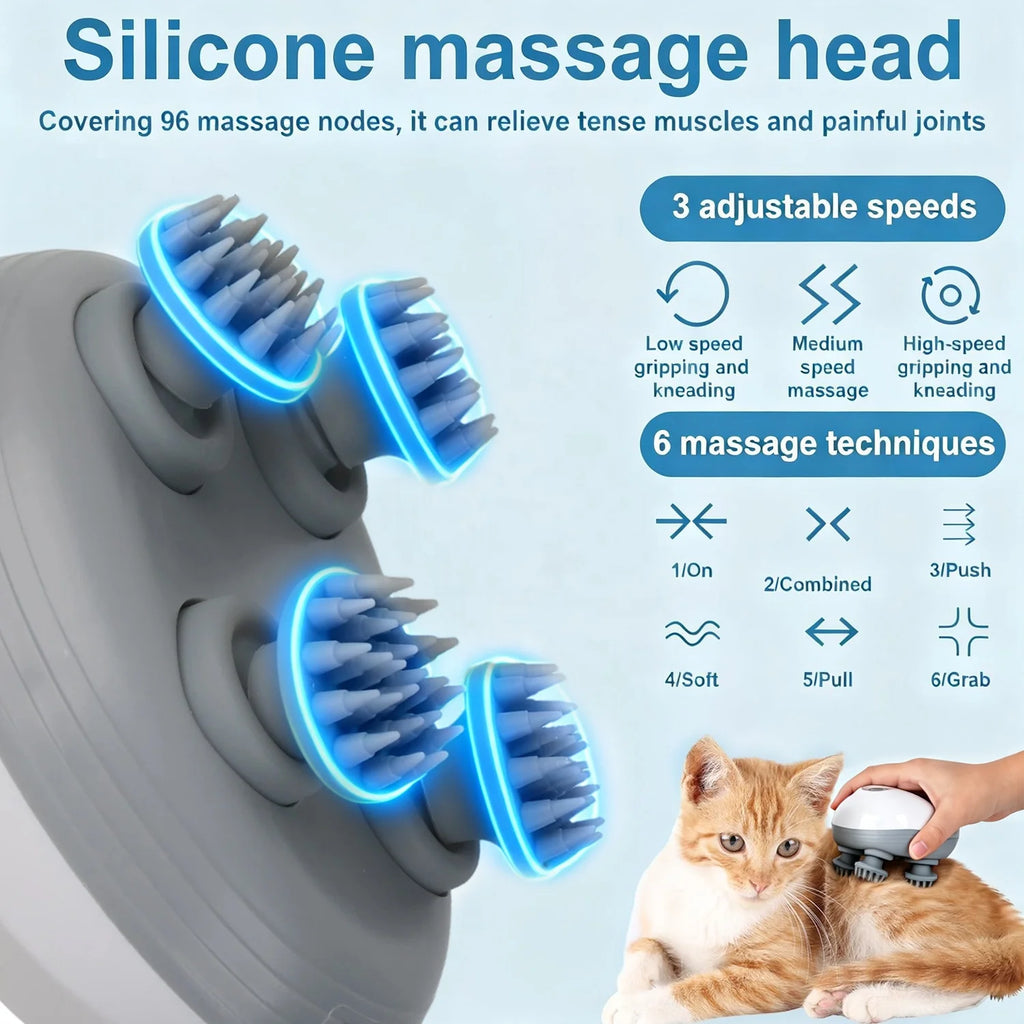 AFP Portable Handheld Pet Scalp Massager With 4 Massage Heads Stress Relief Cordless Waterproof Massage Clean Tool For Dogs Cats