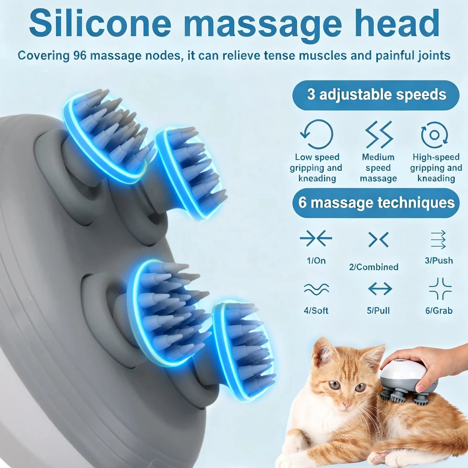 AFP Portable Handheld Pet Scalp Massager With 4 Massage Heads Stress Relief Cordless Waterproof Massage Clean Tool For Dogs Cats