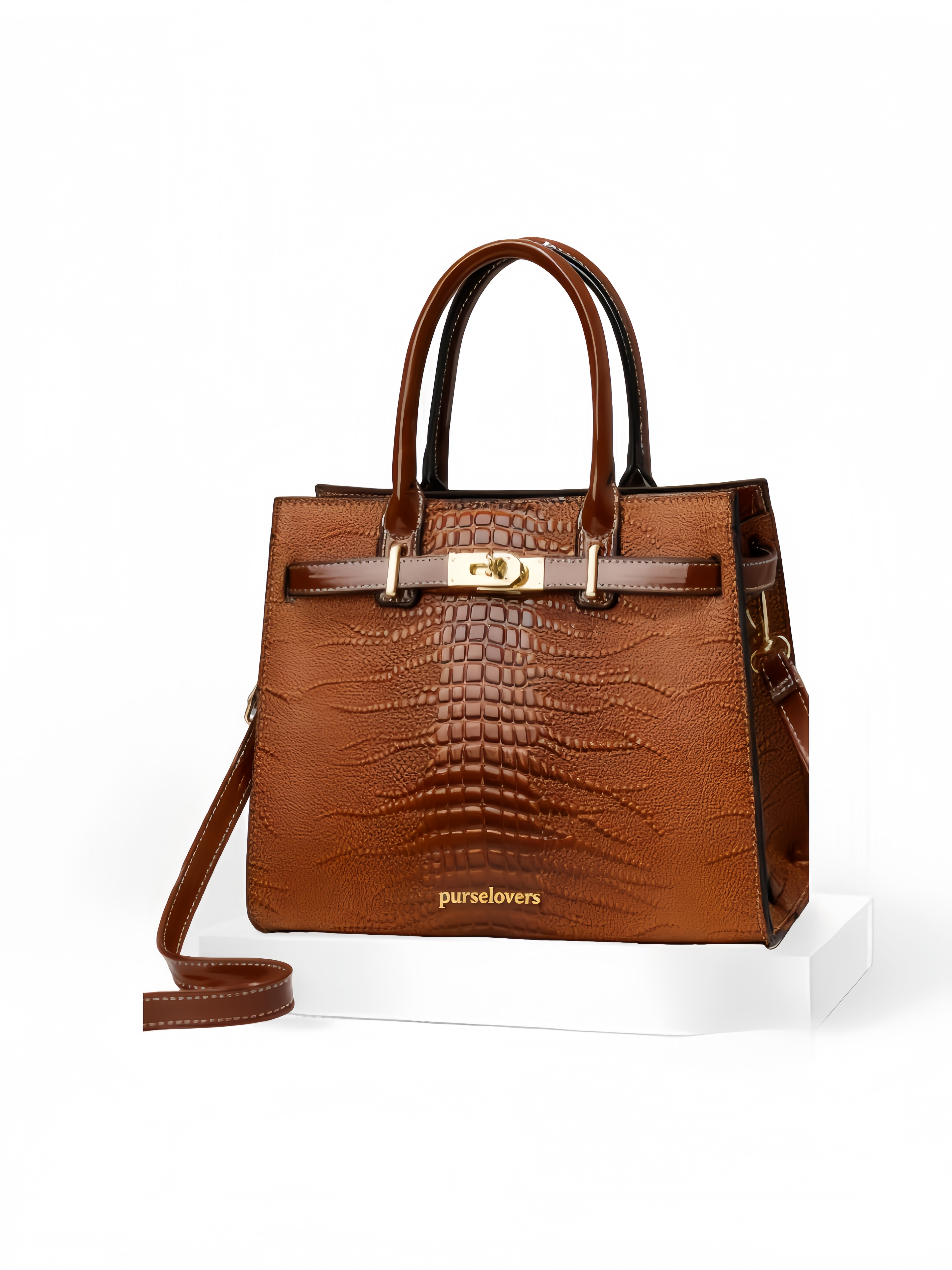 Purselovers Caramel Brown Crocodile Pattern Gold Label Handbag