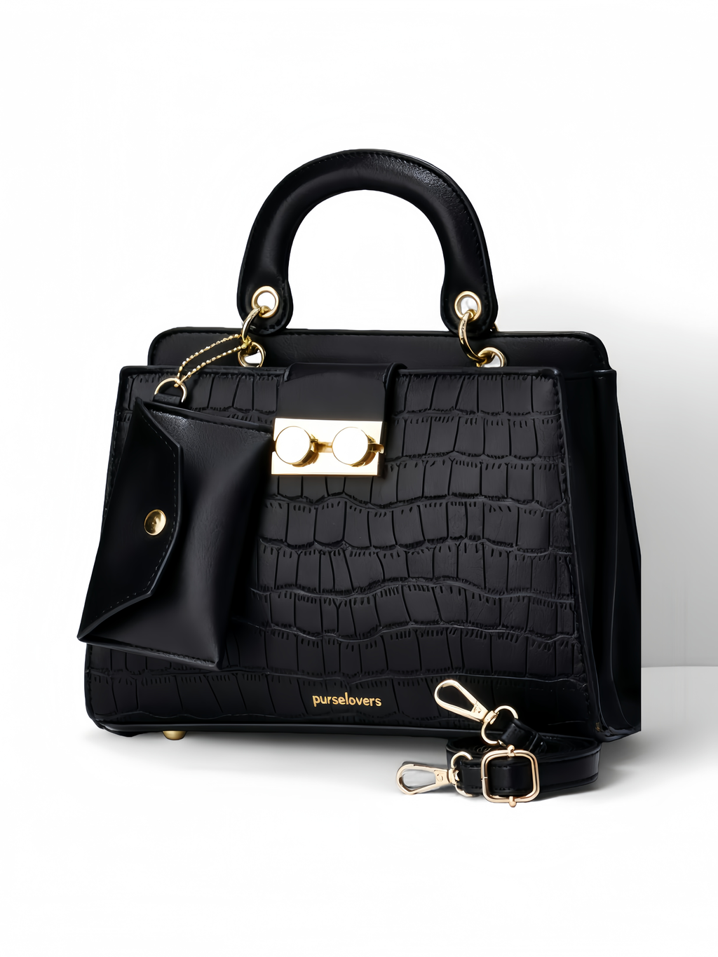 Purselovers Black and Gold Crocodile-Emboss Lock Bag