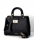 Purselovers Black and Gold Crocodile-Emboss Lock Bag
