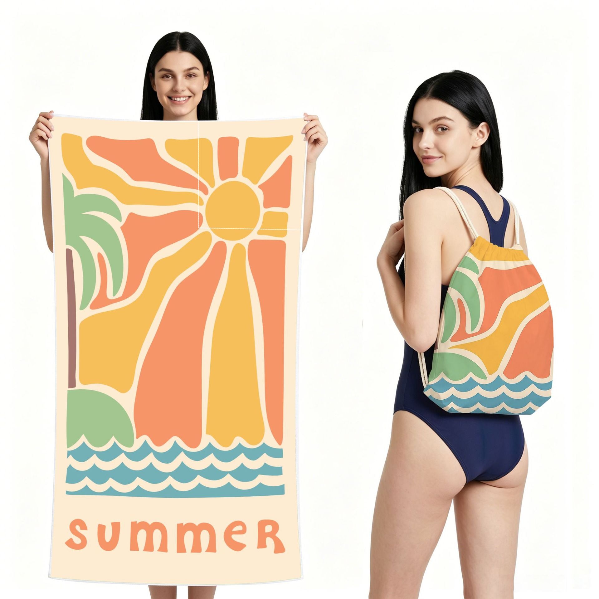 Cross-Border Microfiber Quick-Drying Beach Towel All-In-One Package 2-In-1 Foldable Storage Beach Towel Printed Bath Towel