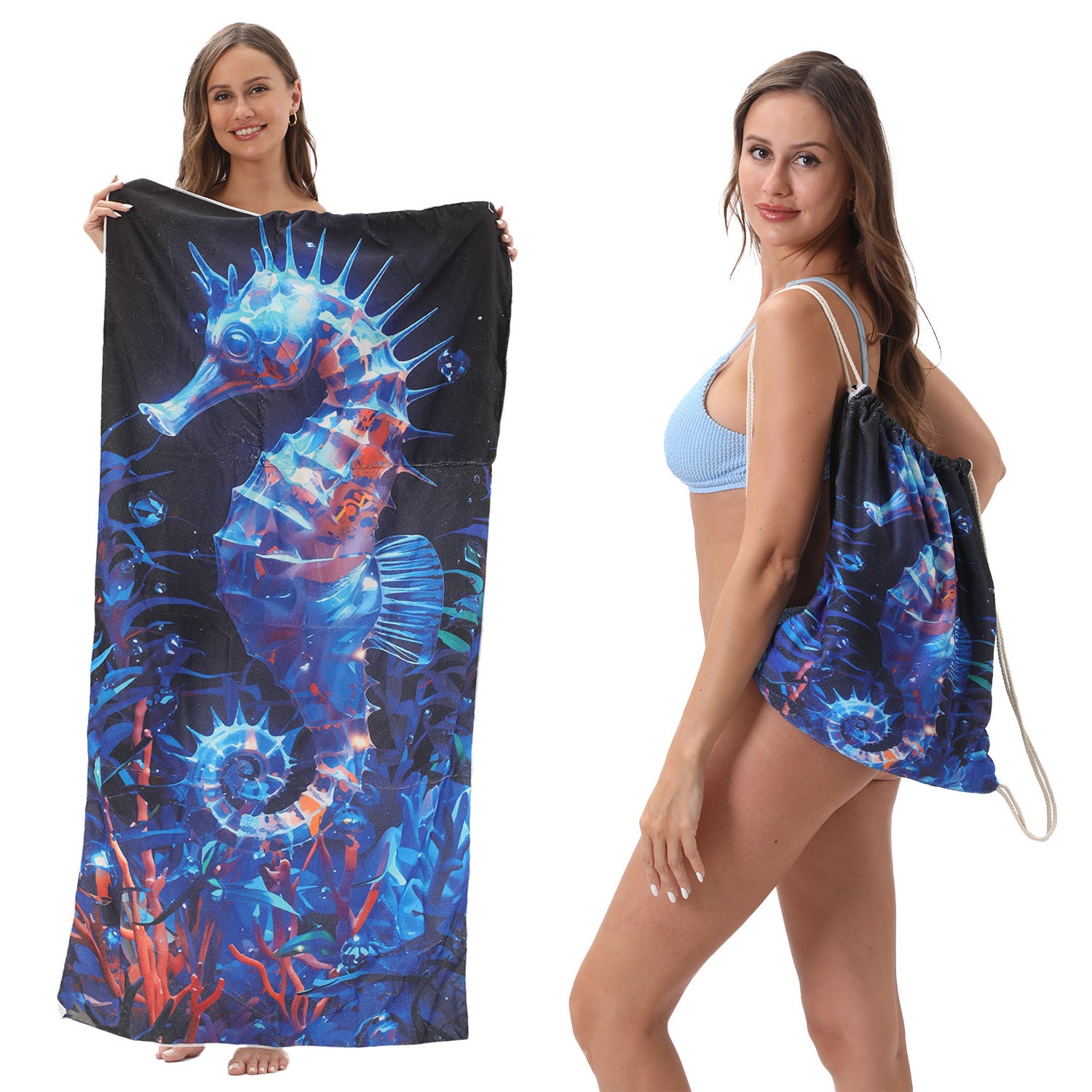 Cross-Border Microfiber Quick-Drying Beach Towel All-In-One Package 2-In-1 Foldable Storage Beach Towel Printed Bath Towel