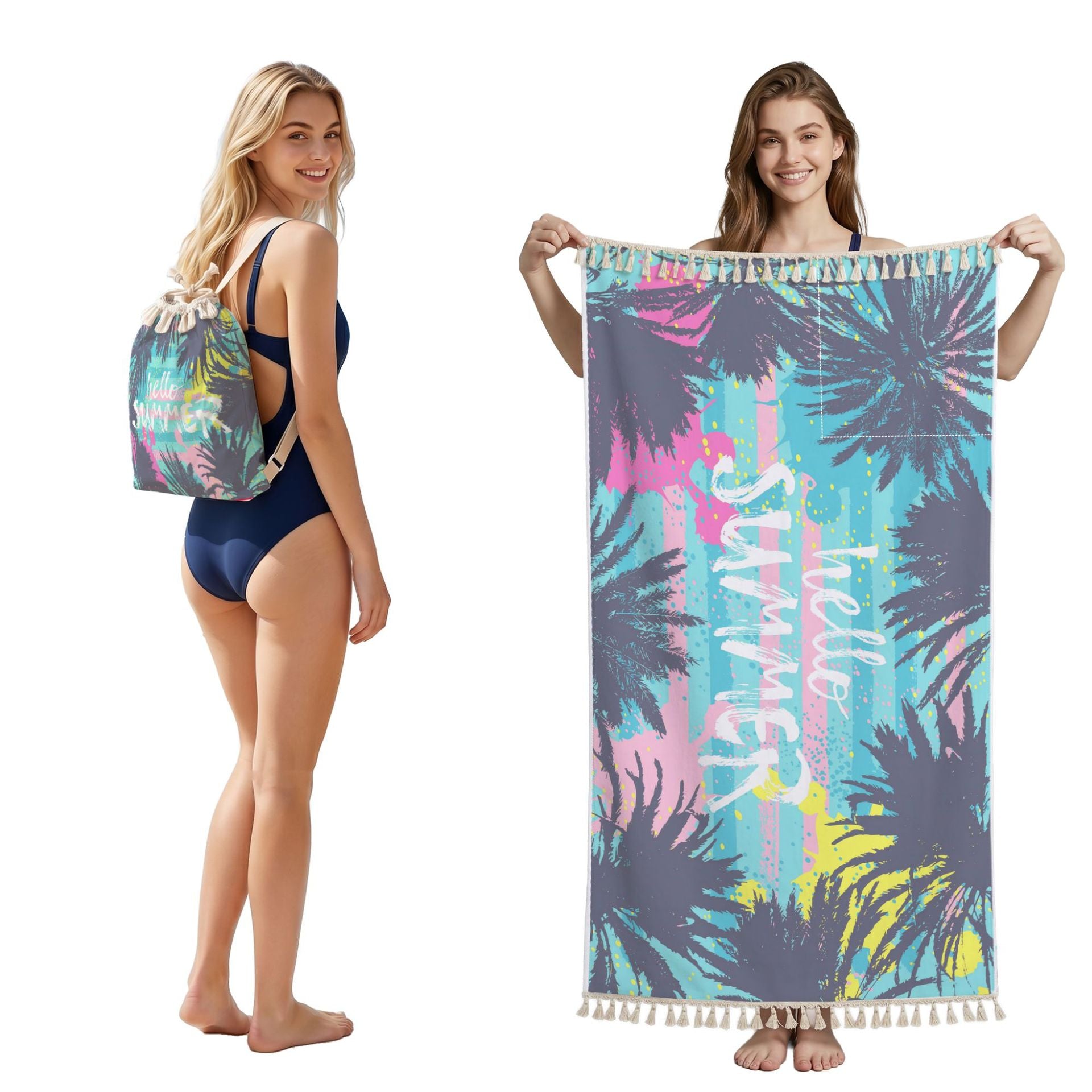 Cross-Border Microfiber Quick-Drying Beach Towel All-In-One Package 2-In-1 Foldable Storage Beach Towel Printed Bath Towel