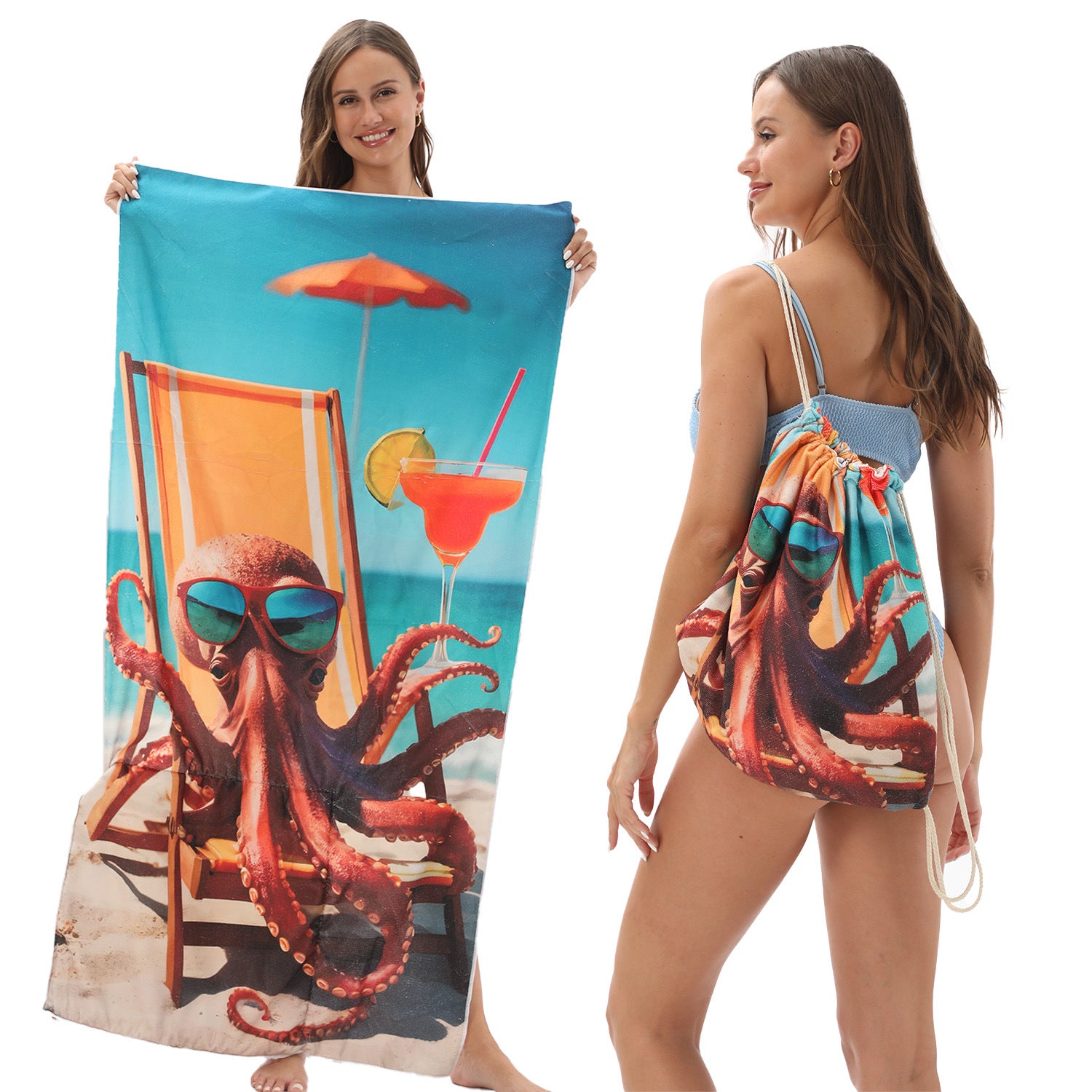 Cross-Border Microfiber Quick-Drying Beach Towel All-In-One Package 2-In-1 Foldable Storage Beach Towel Printed Bath Towel