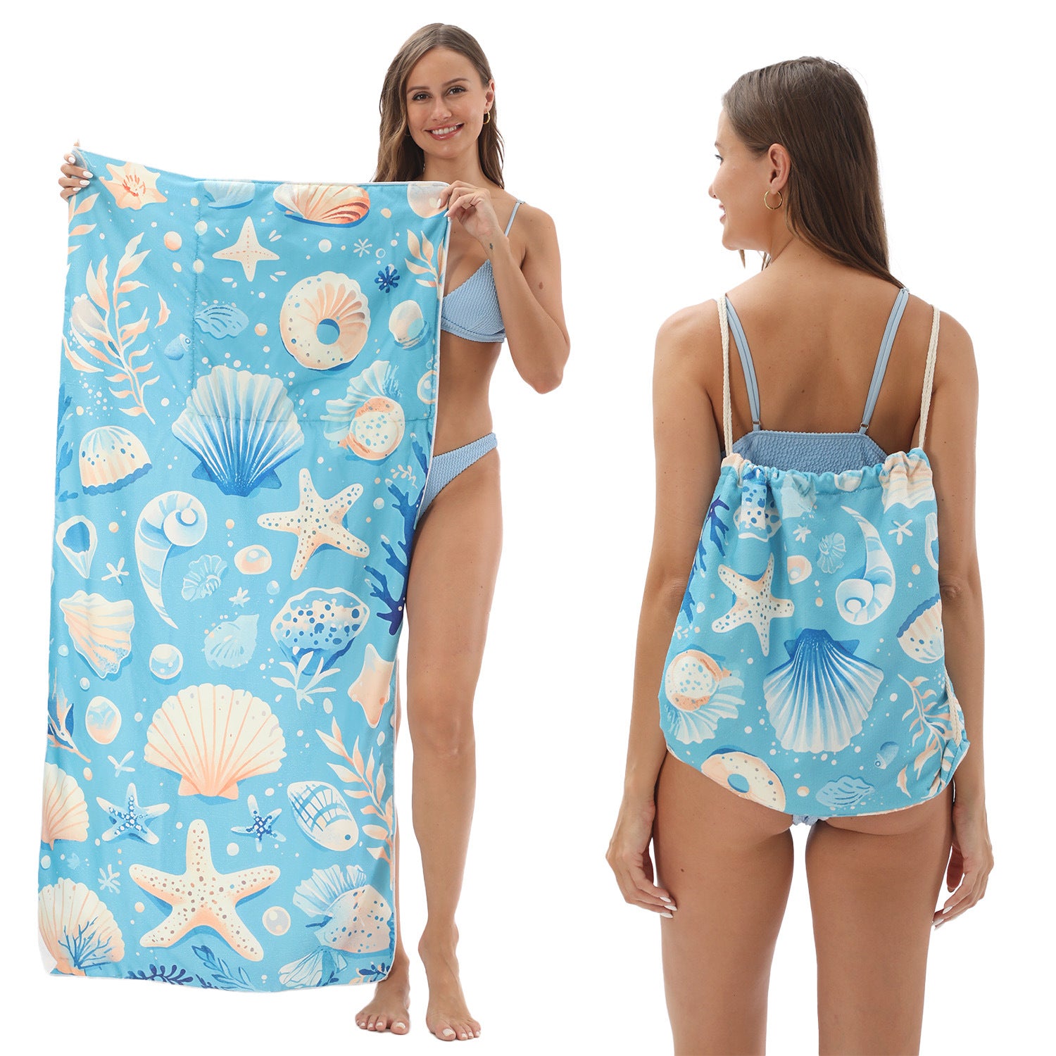 Cross-Border Microfiber Quick-Drying Beach Towel All-In-One Package 2-In-1 Foldable Storage Beach Towel Printed Bath Towel