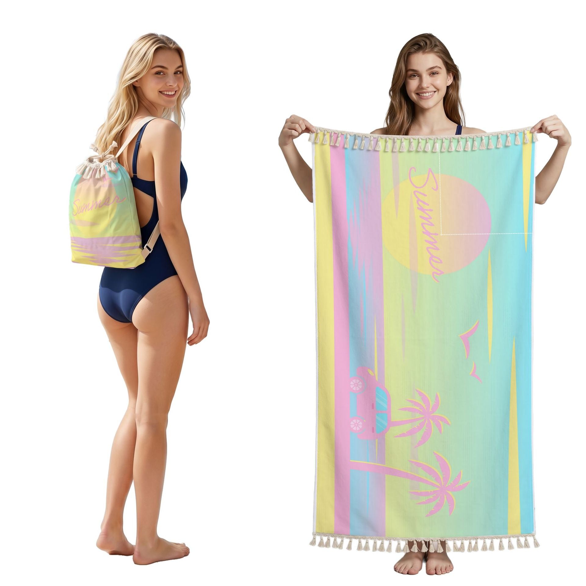 Cross-Border Microfiber Quick-Drying Beach Towel All-In-One Package 2-In-1 Foldable Storage Beach Towel Printed Bath Towel