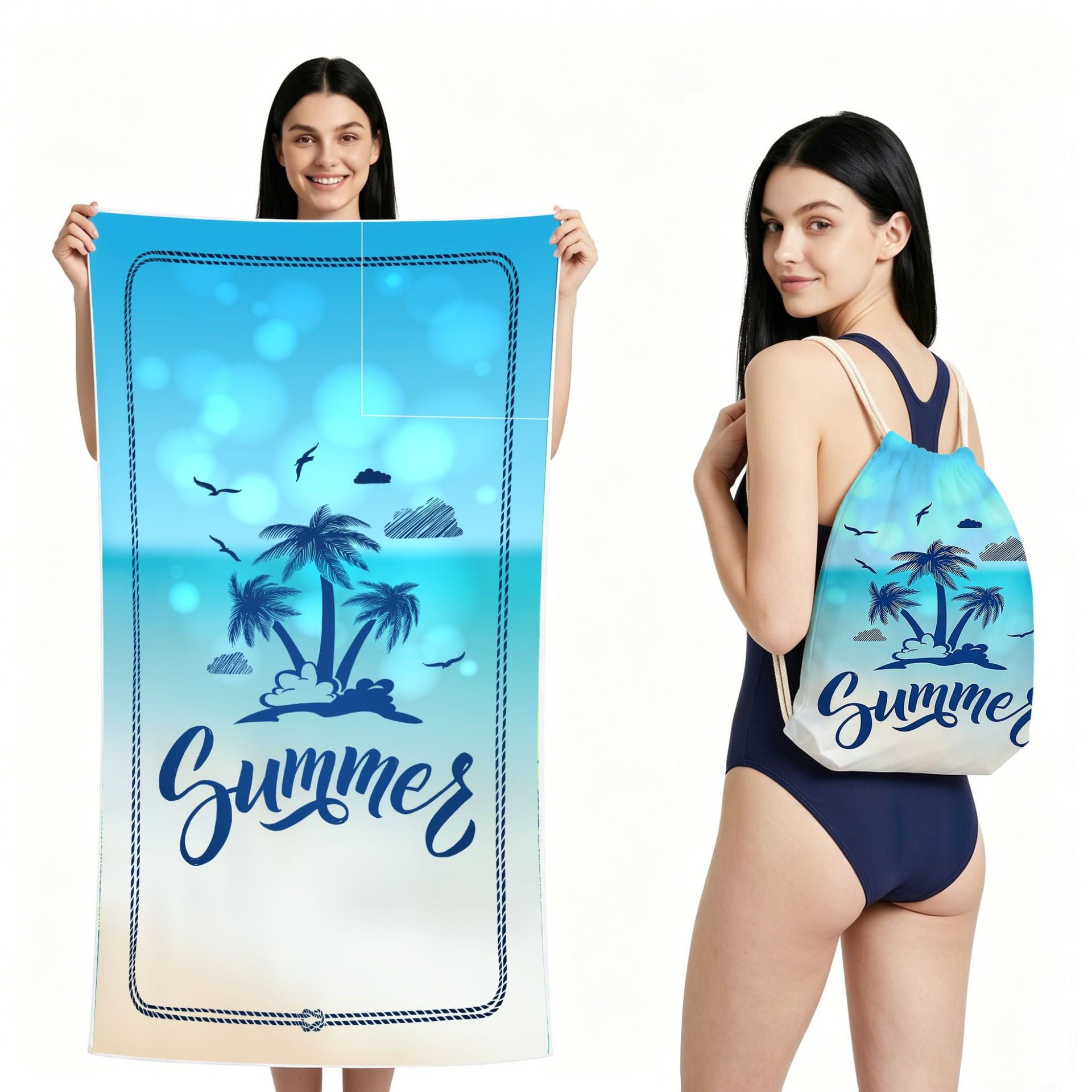 Cross-Border Microfiber Quick-Drying Beach Towel All-In-One Package 2-In-1 Foldable Storage Beach Towel Printed Bath Towel