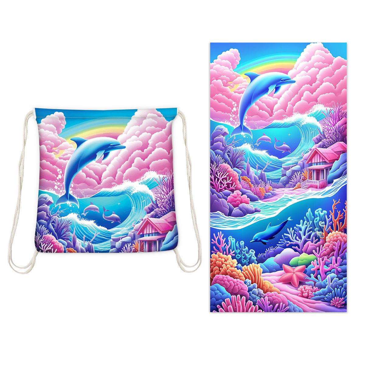 Cross-Border Microfiber Quick-Drying Beach Towel All-In-One Package 2-In-1 Foldable Storage Beach Towel Printed Bath Towel
