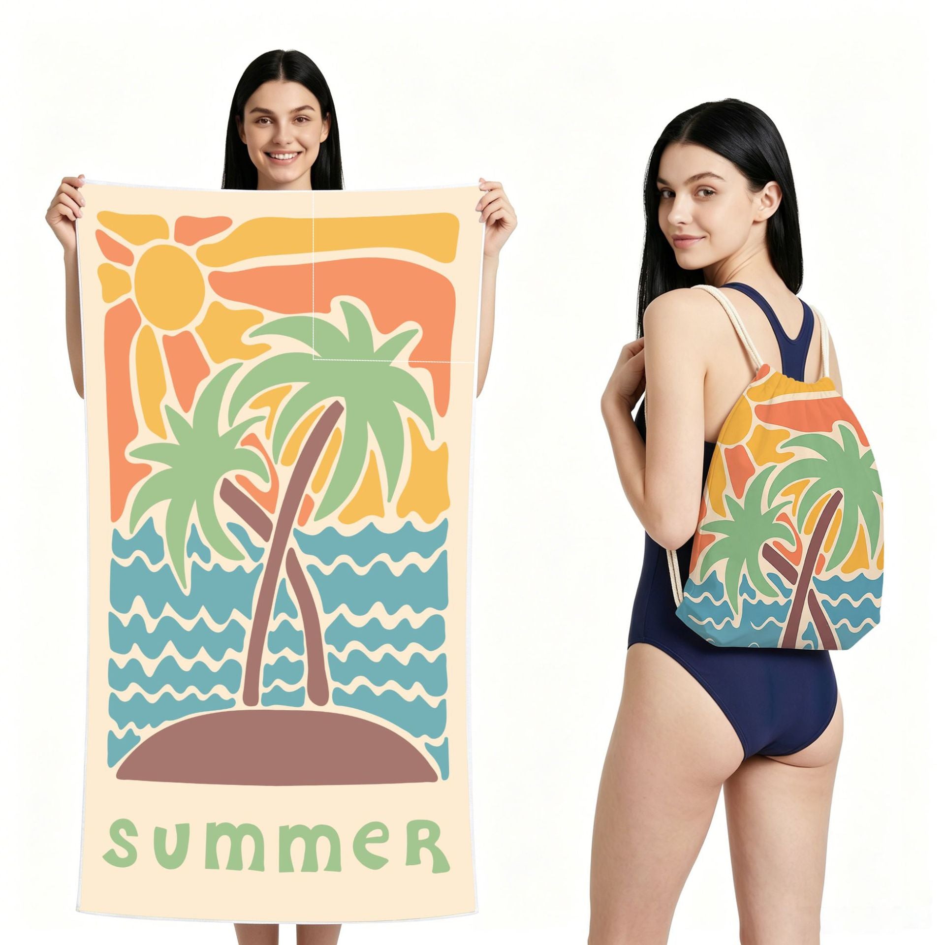 Cross-Border Microfiber Quick-Drying Beach Towel All-In-One Package 2-In-1 Foldable Storage Beach Towel Printed Bath Towel