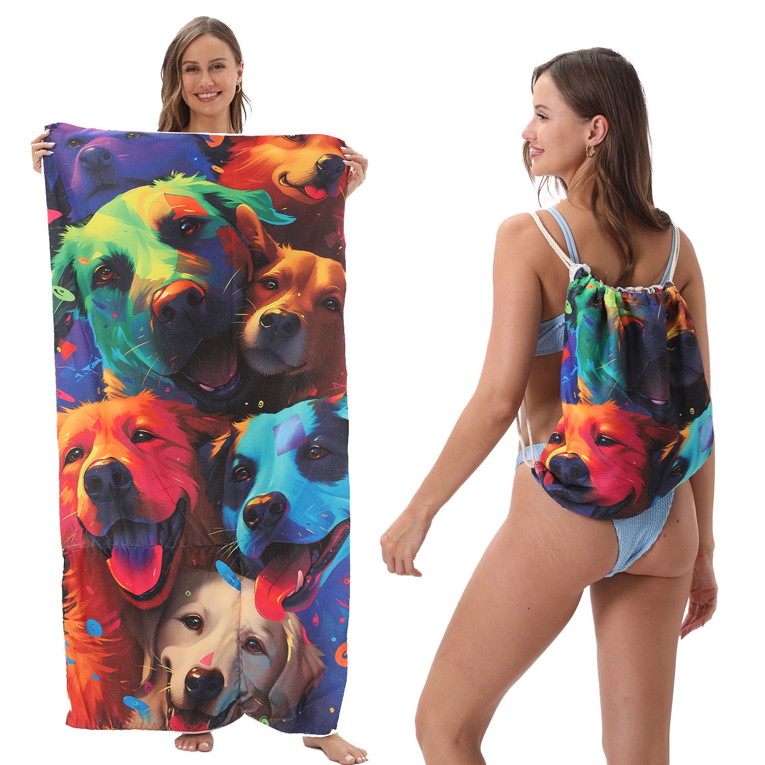 Cross-Border Microfiber Quick-Drying Beach Towel All-In-One Package 2-In-1 Foldable Storage Beach Towel Printed Bath Towel