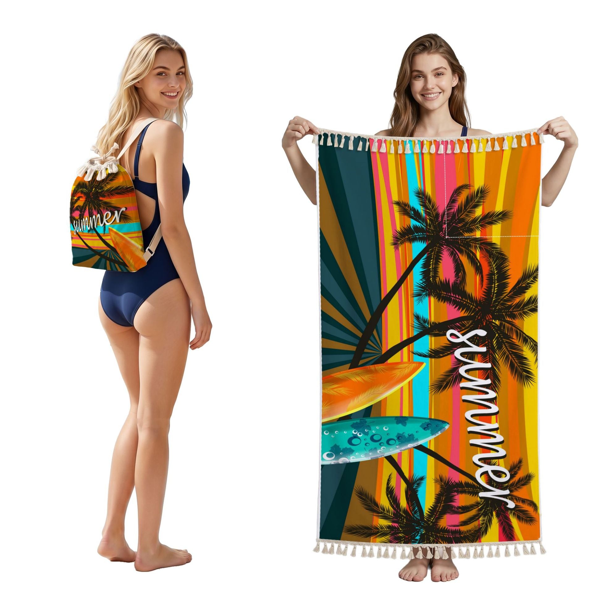 Cross-Border Microfiber Quick-Drying Beach Towel All-In-One Package 2-In-1 Foldable Storage Beach Towel Printed Bath Towel