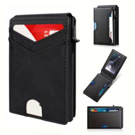 With Pop Up Aluminum Case Slim Leather Slots Credit Card Holder RFID Blocking Bifold Minimalist Wallet